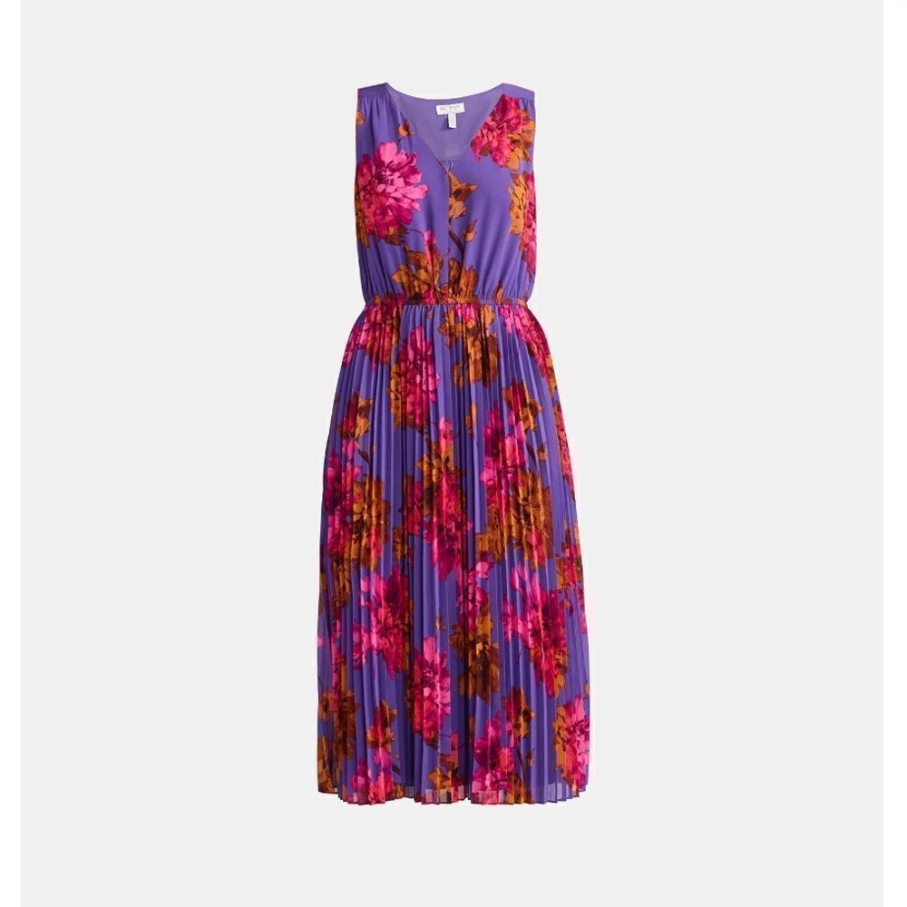 Sofia Vergara Sleeveless Pleated V-Neck Sheer Dress, Above Ankle Length, Size S